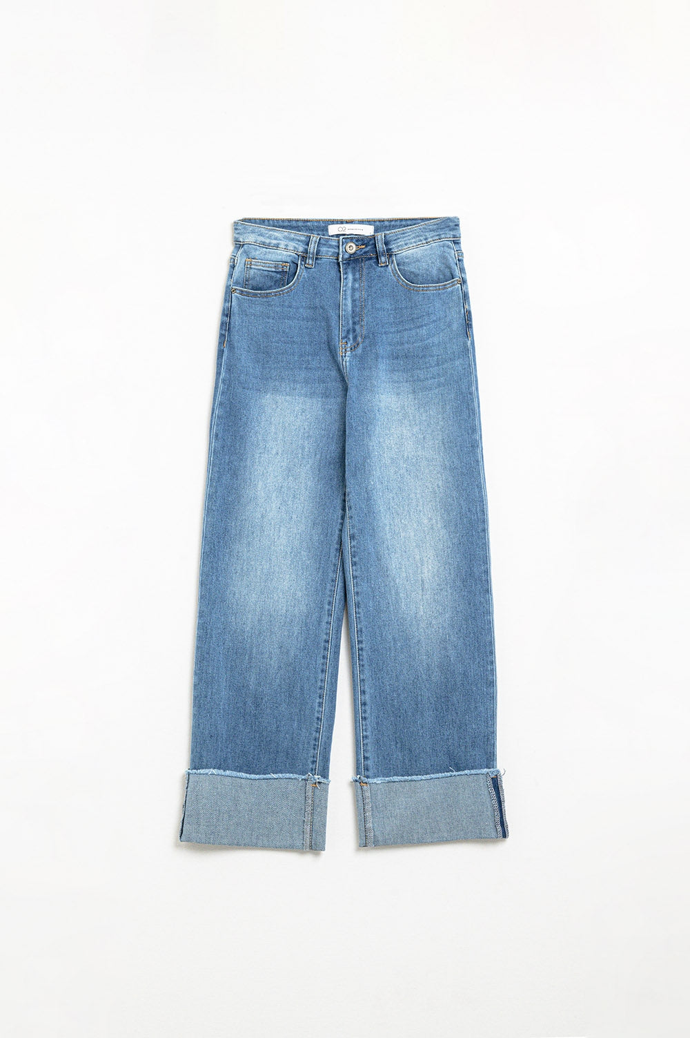 medium wash straight fit on cuffed hem jeans