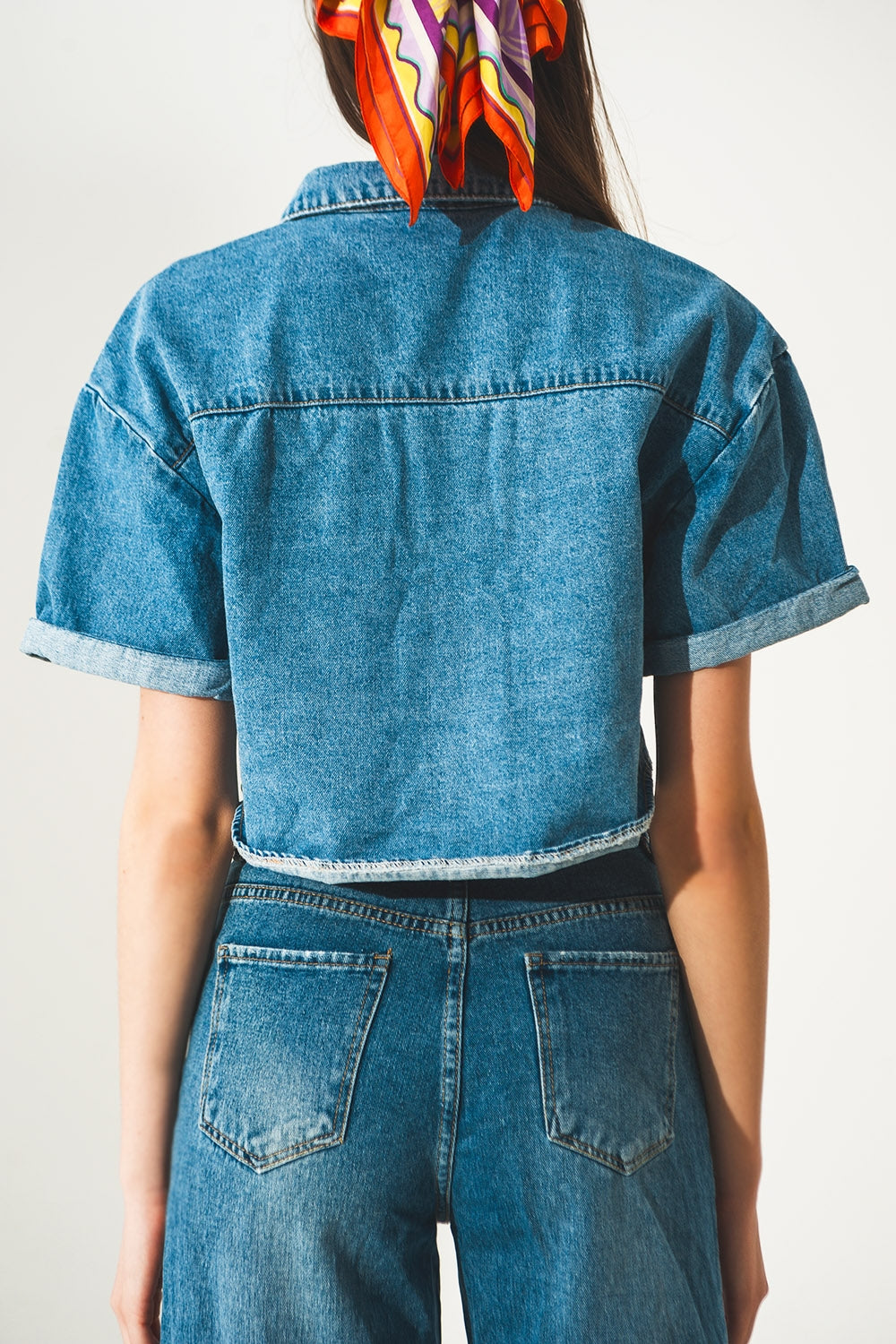 mid-blue wash denim cropped jacket