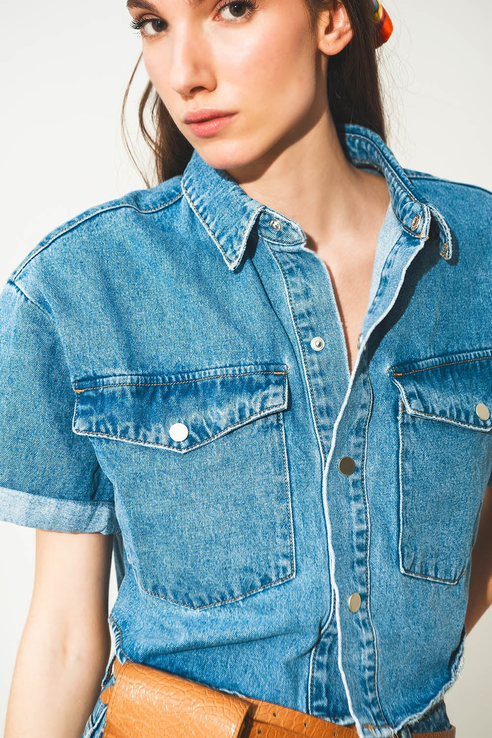 mid-blue wash denim cropped jacket