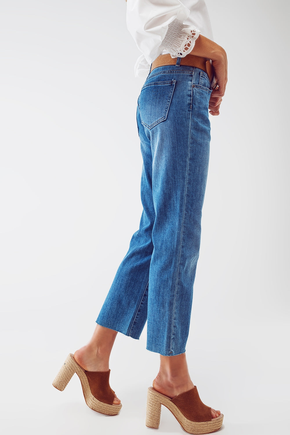 Mid Wash Straight Jeans With Raw Hem in Blue