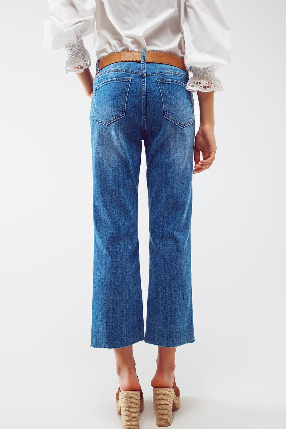 Mid Wash Straight Jeans With Raw Hem in Blue
