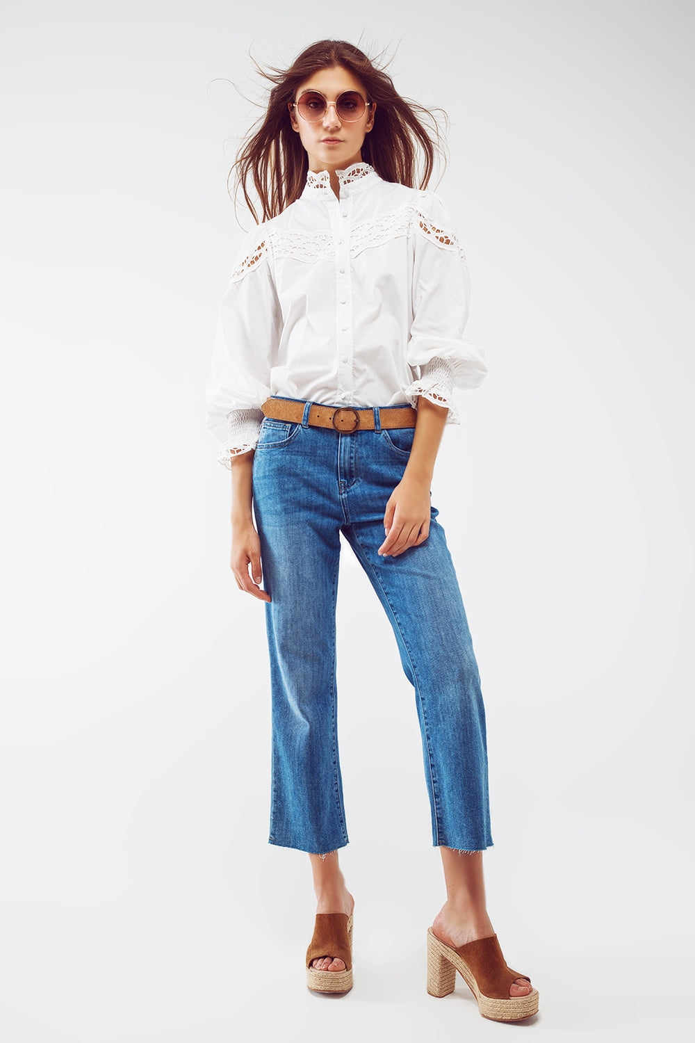 Mid Wash Straight Jeans With Raw Hem in Blue