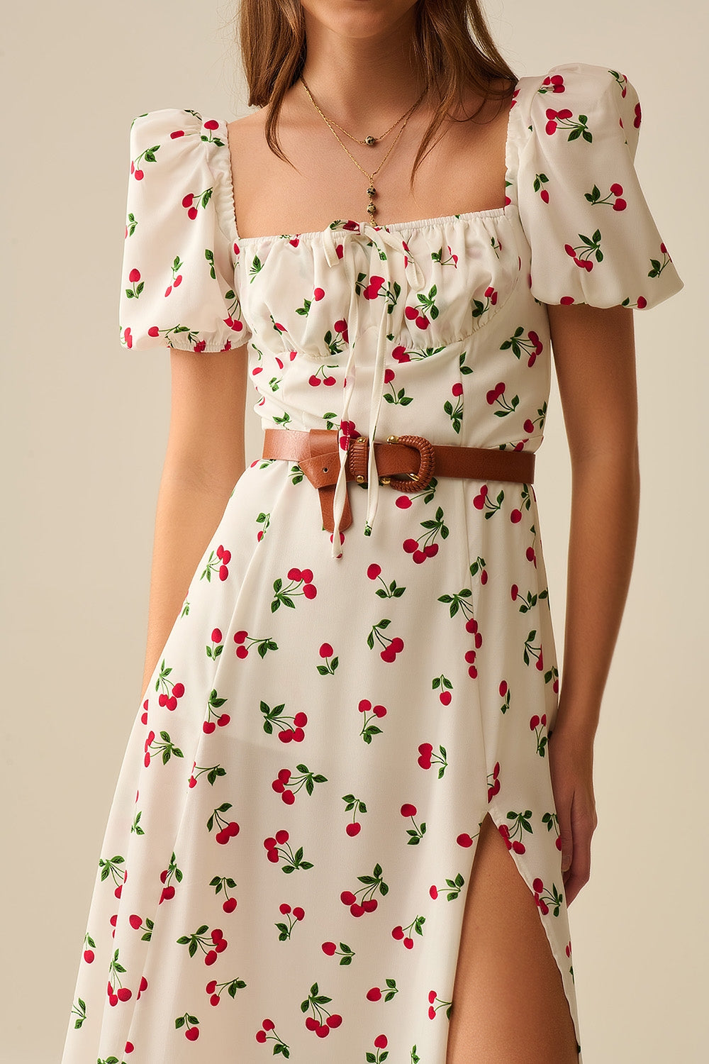 Midi Cherry Print Dress With Puff Sleeves