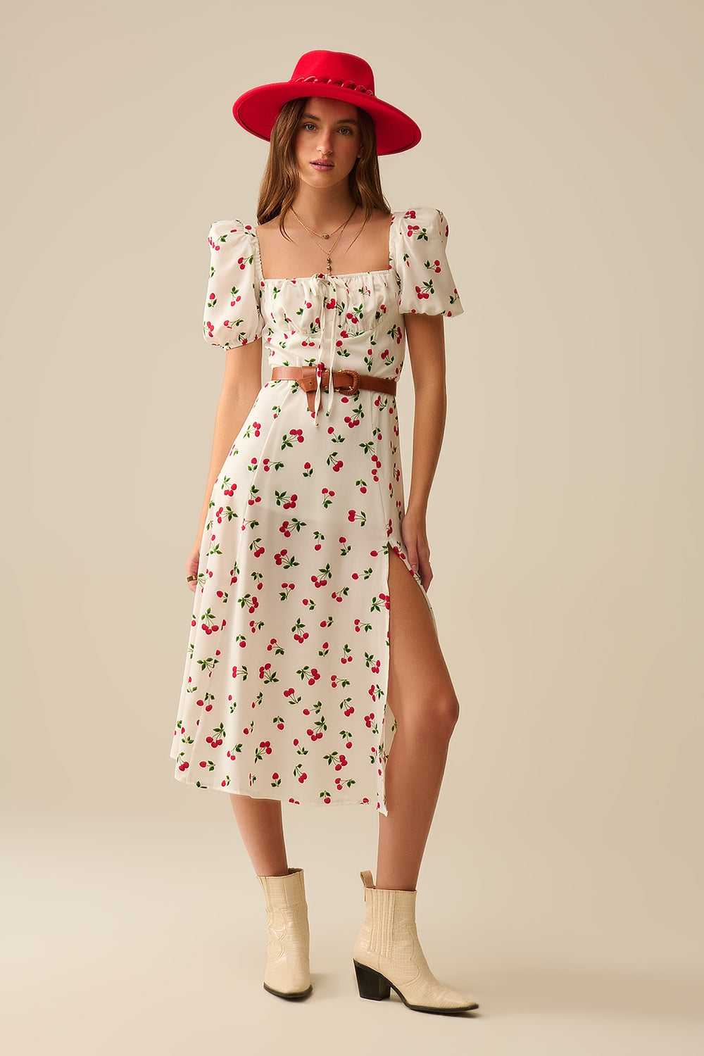 Q2 Midi Cherry Print Dress With Puff Sleeves