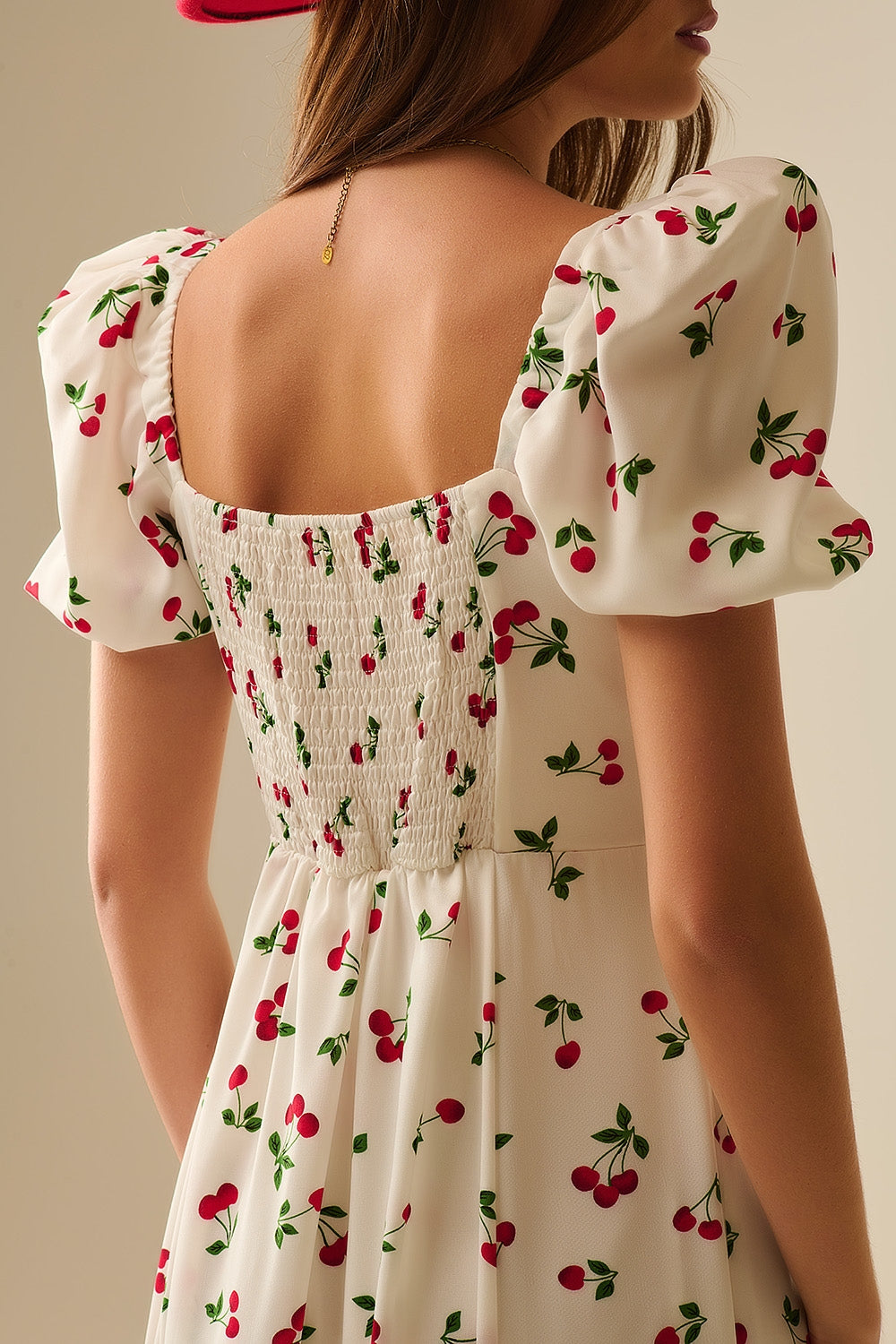 Midi Cherry Print Dress With Puff Sleeves