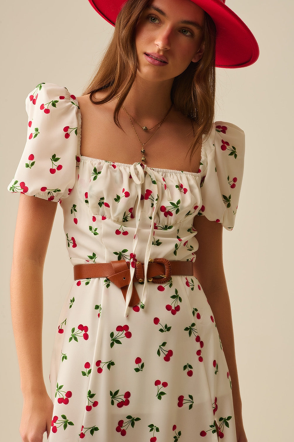 Midi Cherry Print Dress With Puff Sleeves