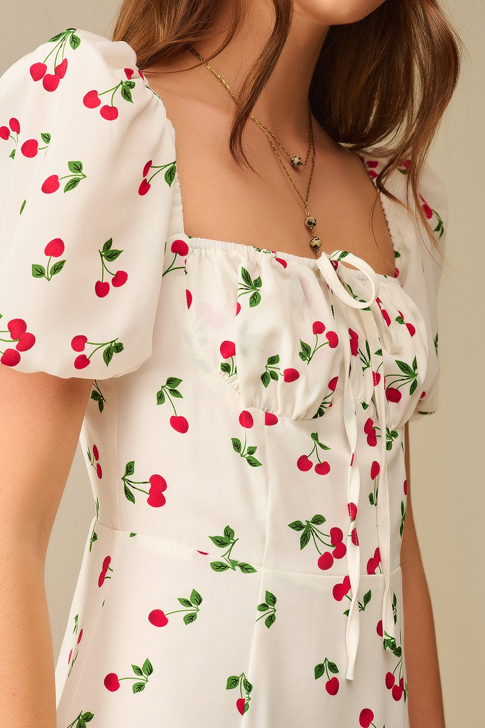 Midi Cherry Print Dress With Puff Sleeves