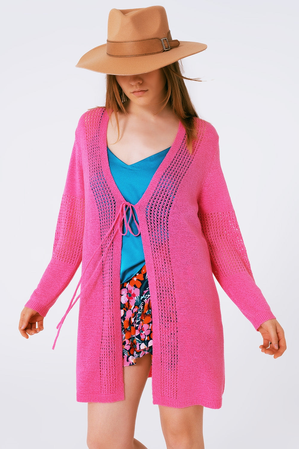 Midi Crochet Drawstring Cardigan in Pink