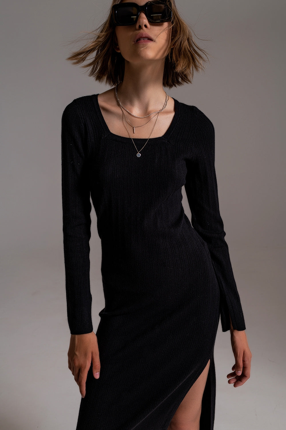 Midi Knit Dress With Square Neckline in Black