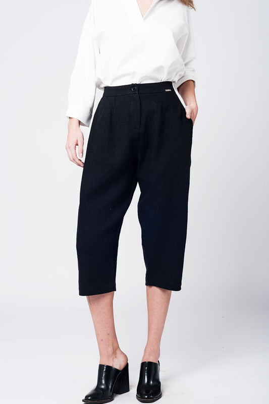 Q2 Midi linen tweezer pants in black