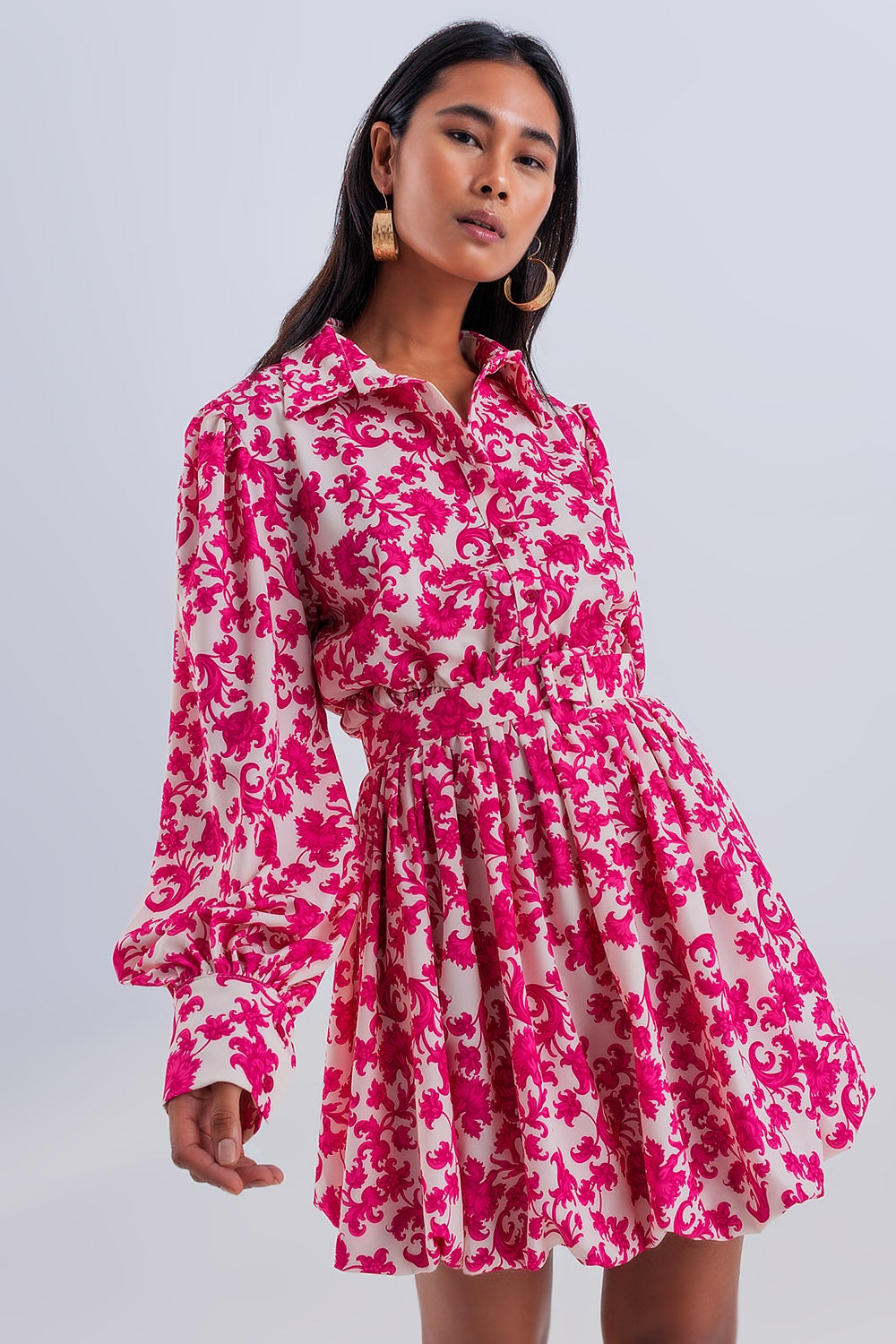 Mini smock dress in fuchsia vintage floral