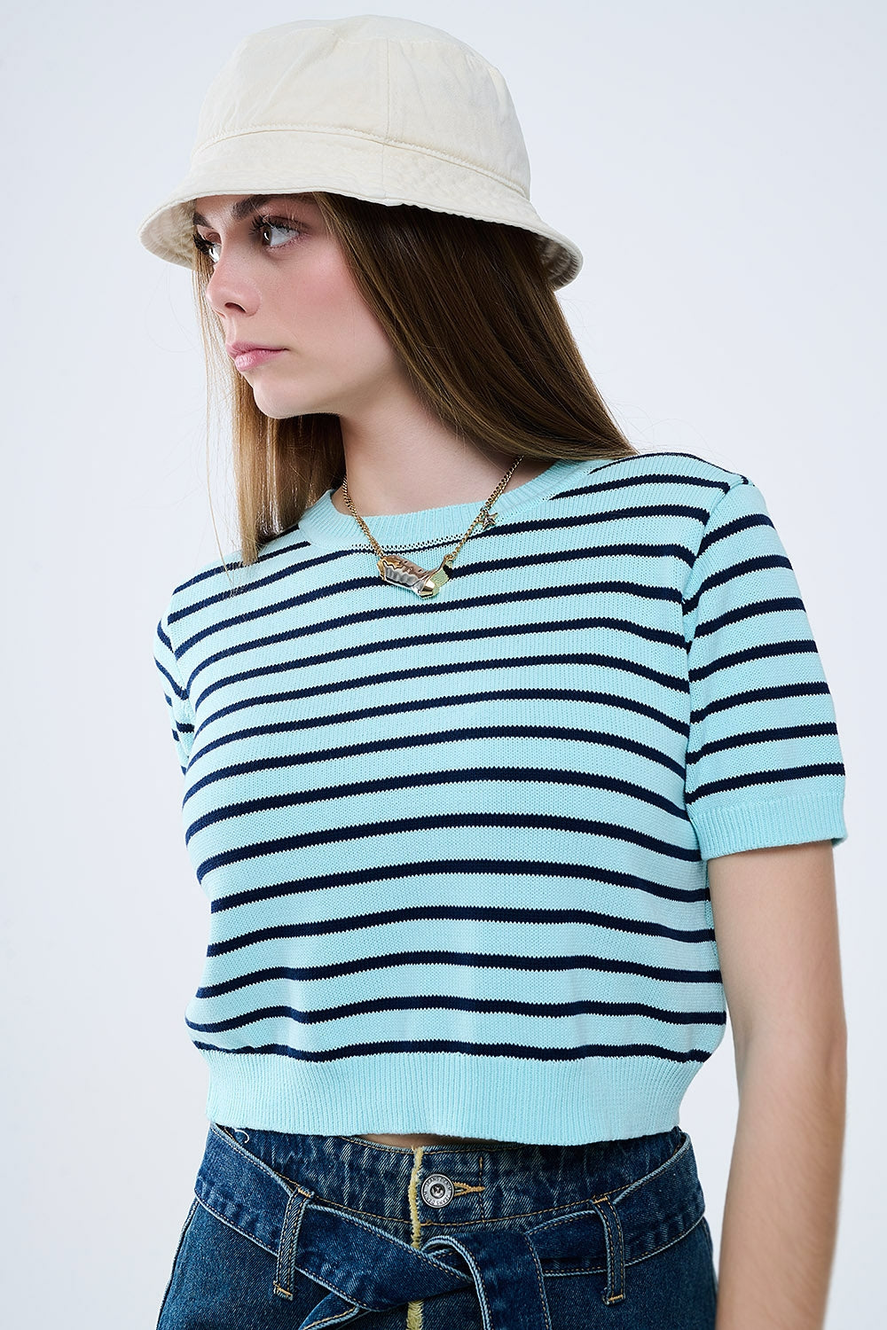 Mintgroene cropped trui met marineblauwe strepen