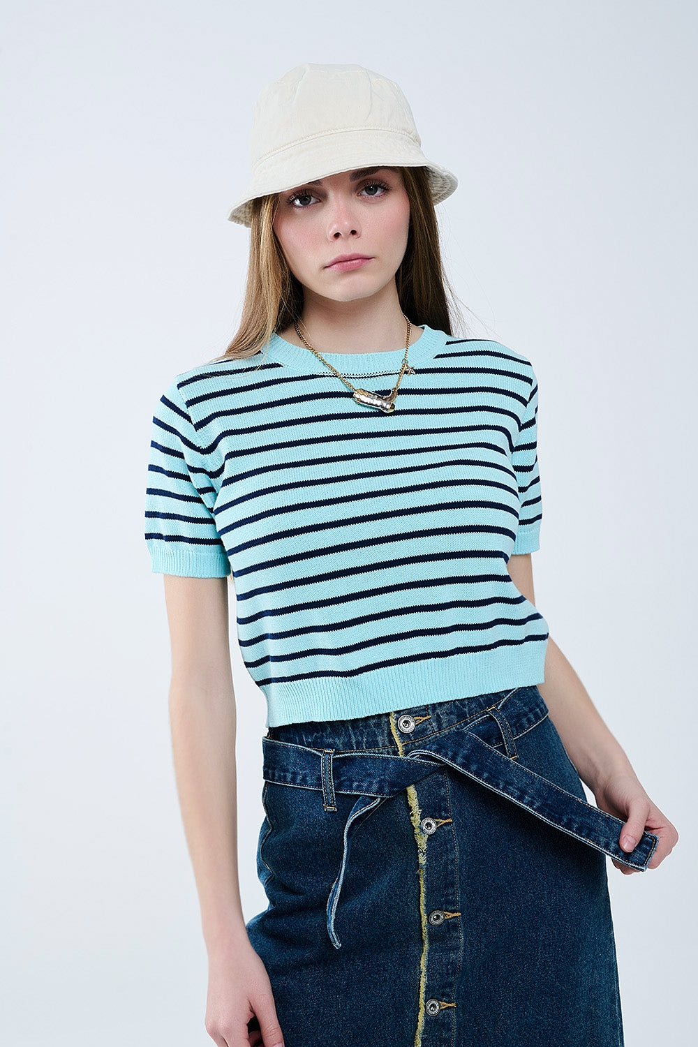 Q2 Mint Green Crop Sweater with navy Stripes