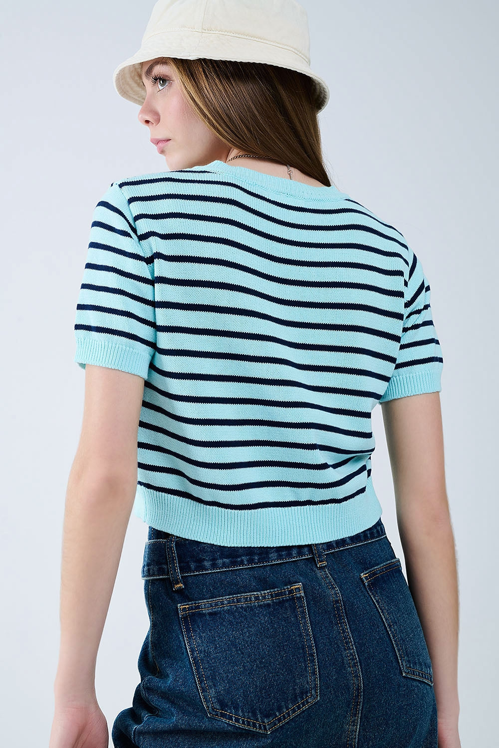 Mintgroene cropped trui met marineblauwe strepen