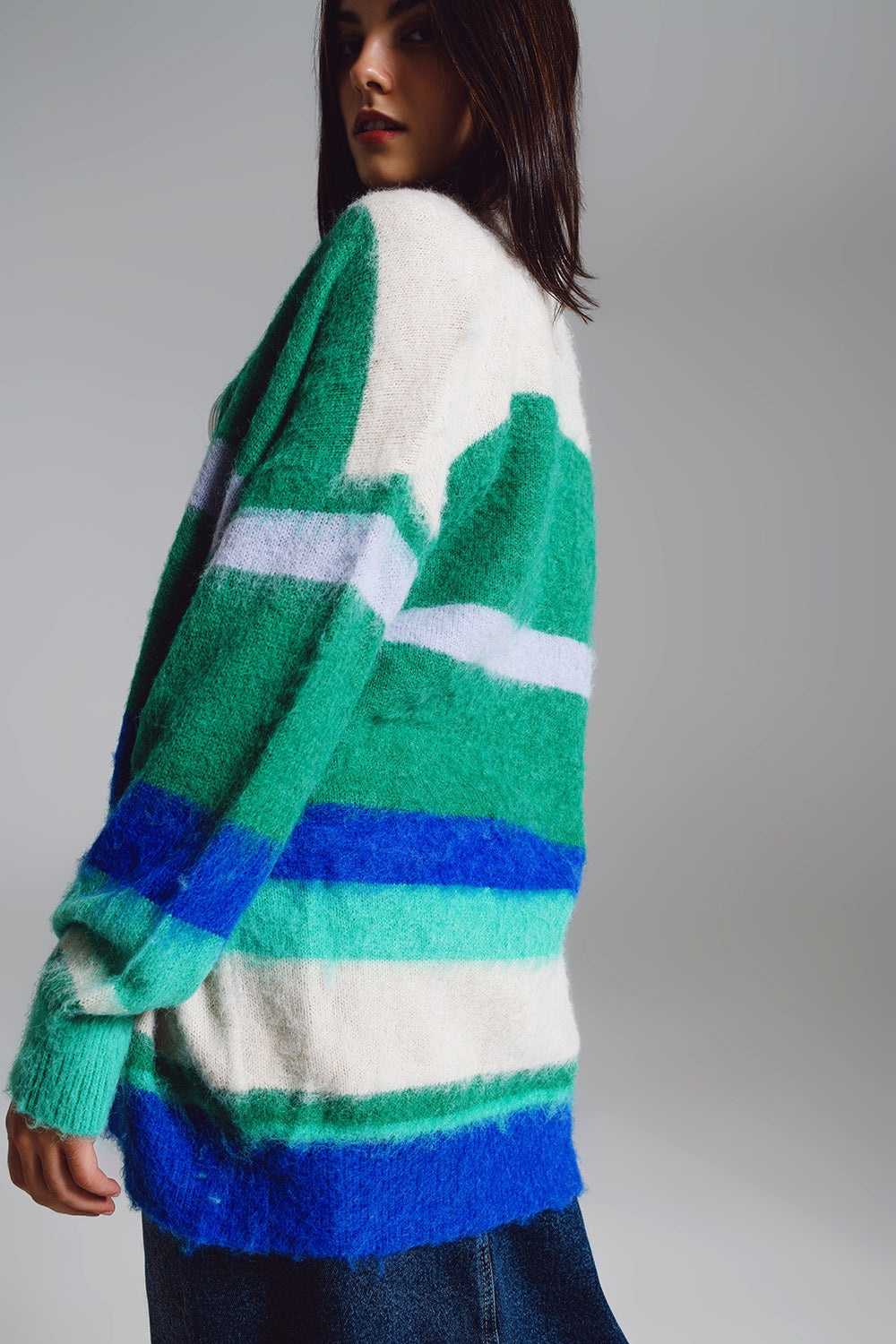 Multicolored fluffy long cardigan in blue and green
