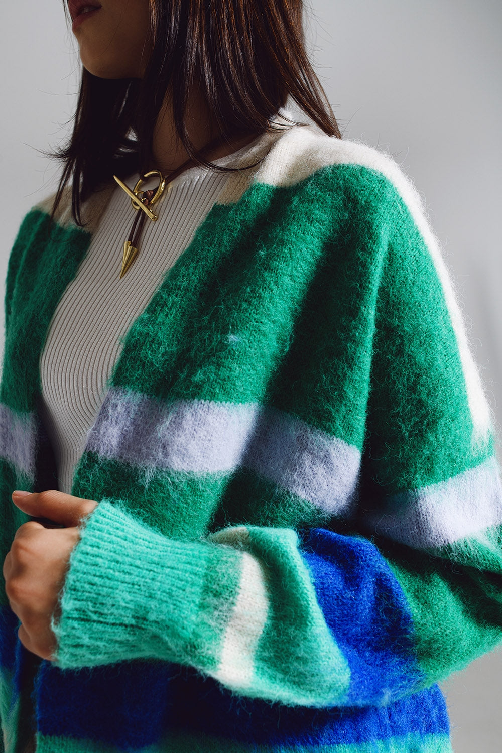 Multicolored fluffy long cardigan in blue and green