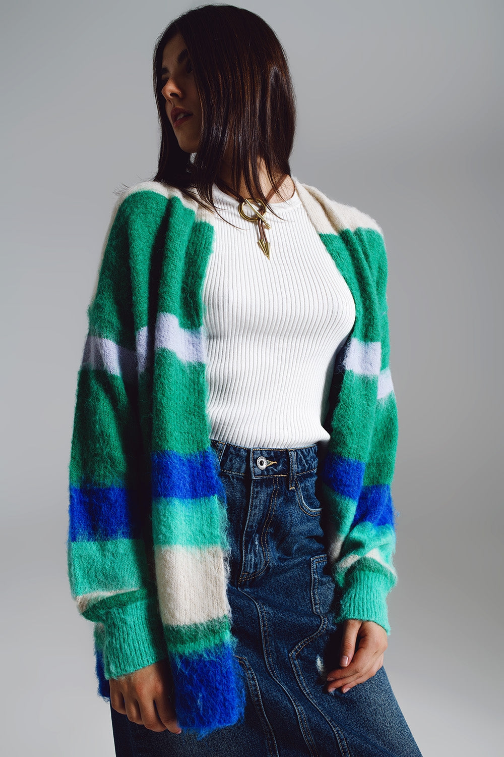 Multicolored fluffy long cardigan in blue and green