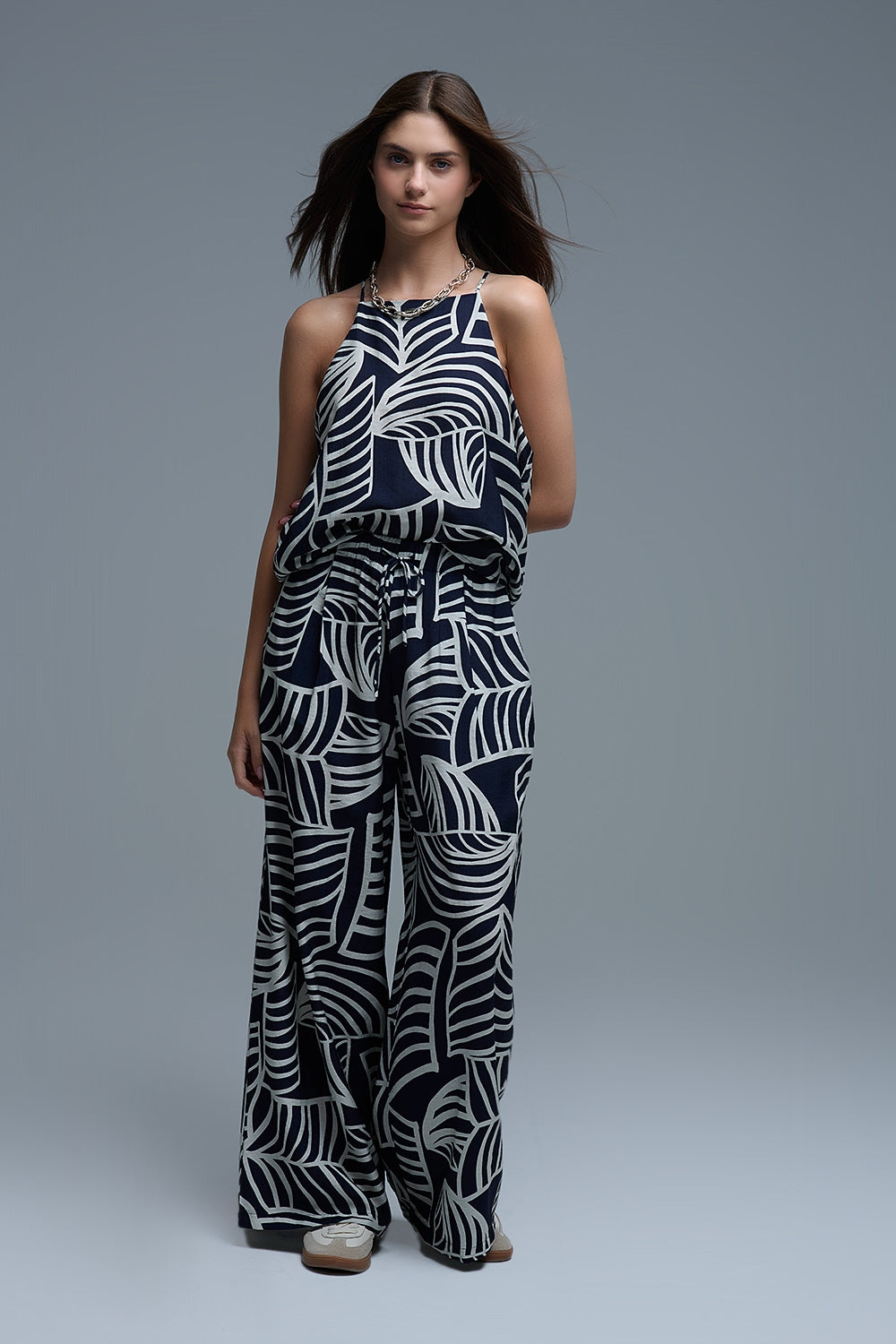 Navy and White Sleeveless Halter Top with White Leaf Print