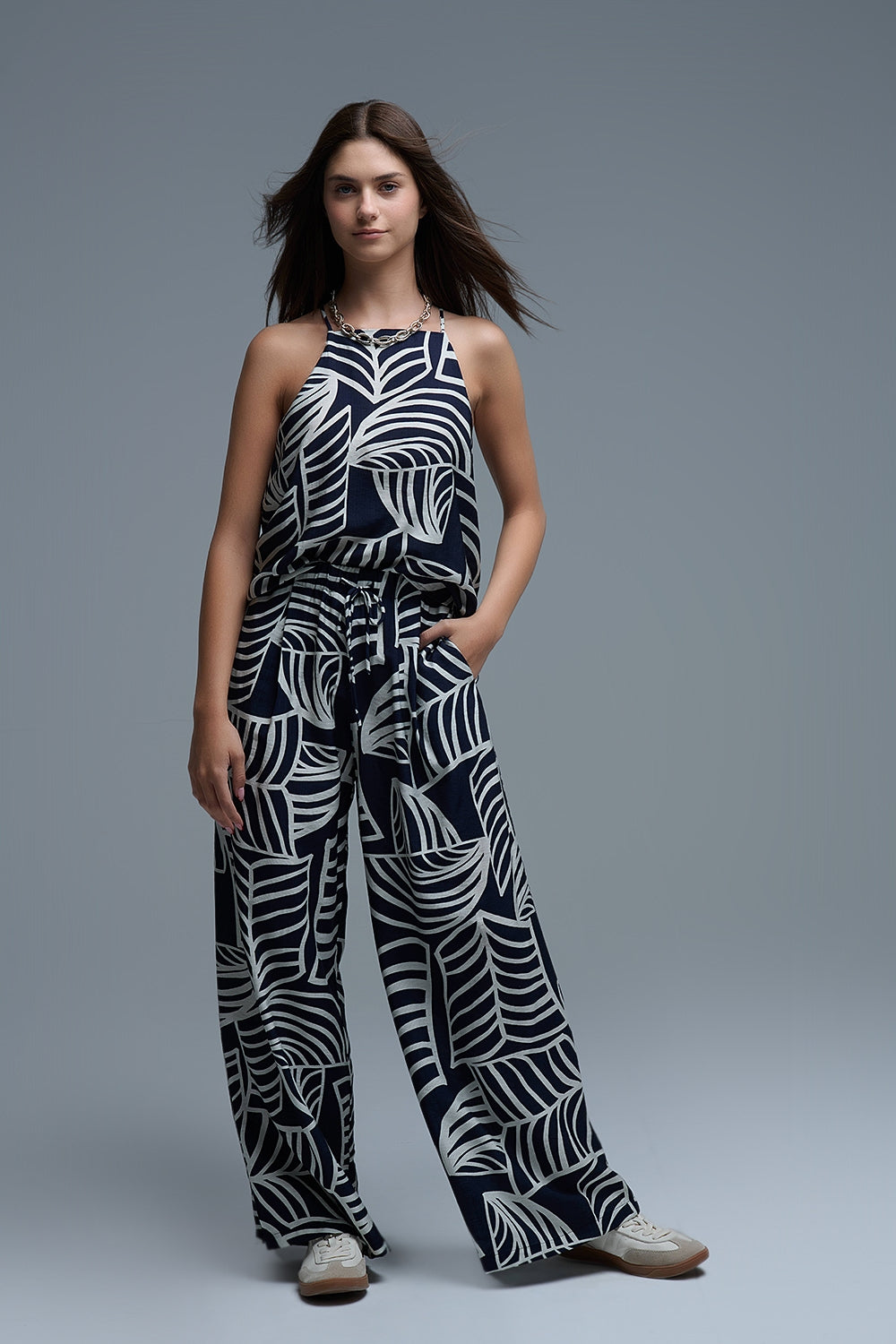 Navy and White Sleeveless Halter Top with White Leaf Print