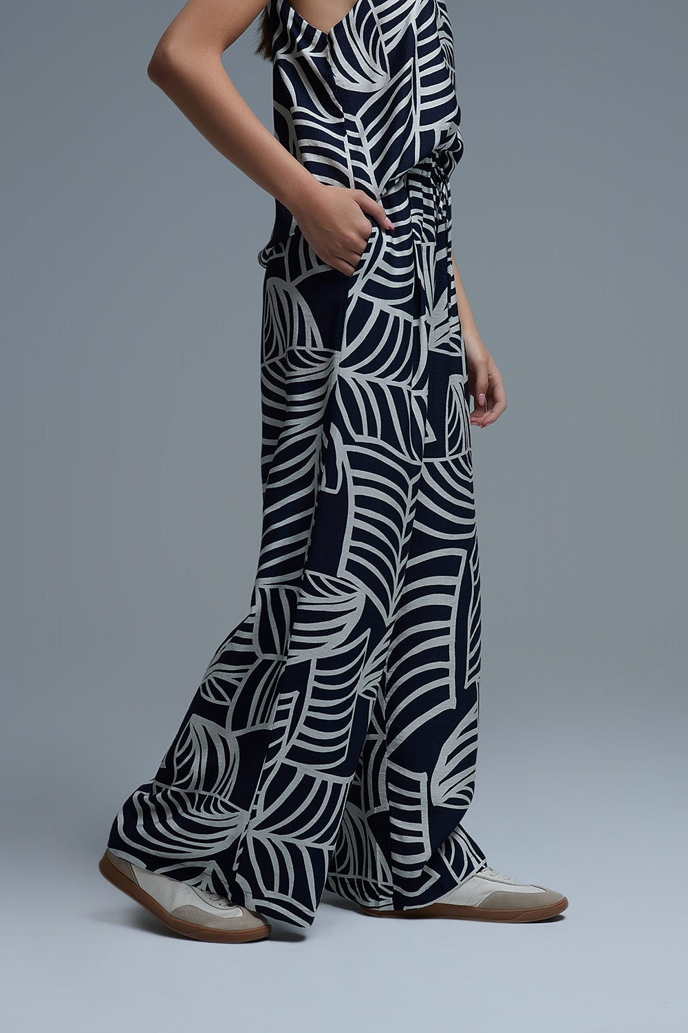 Navy and White Wide Leg Trousers with White Leaf Print
