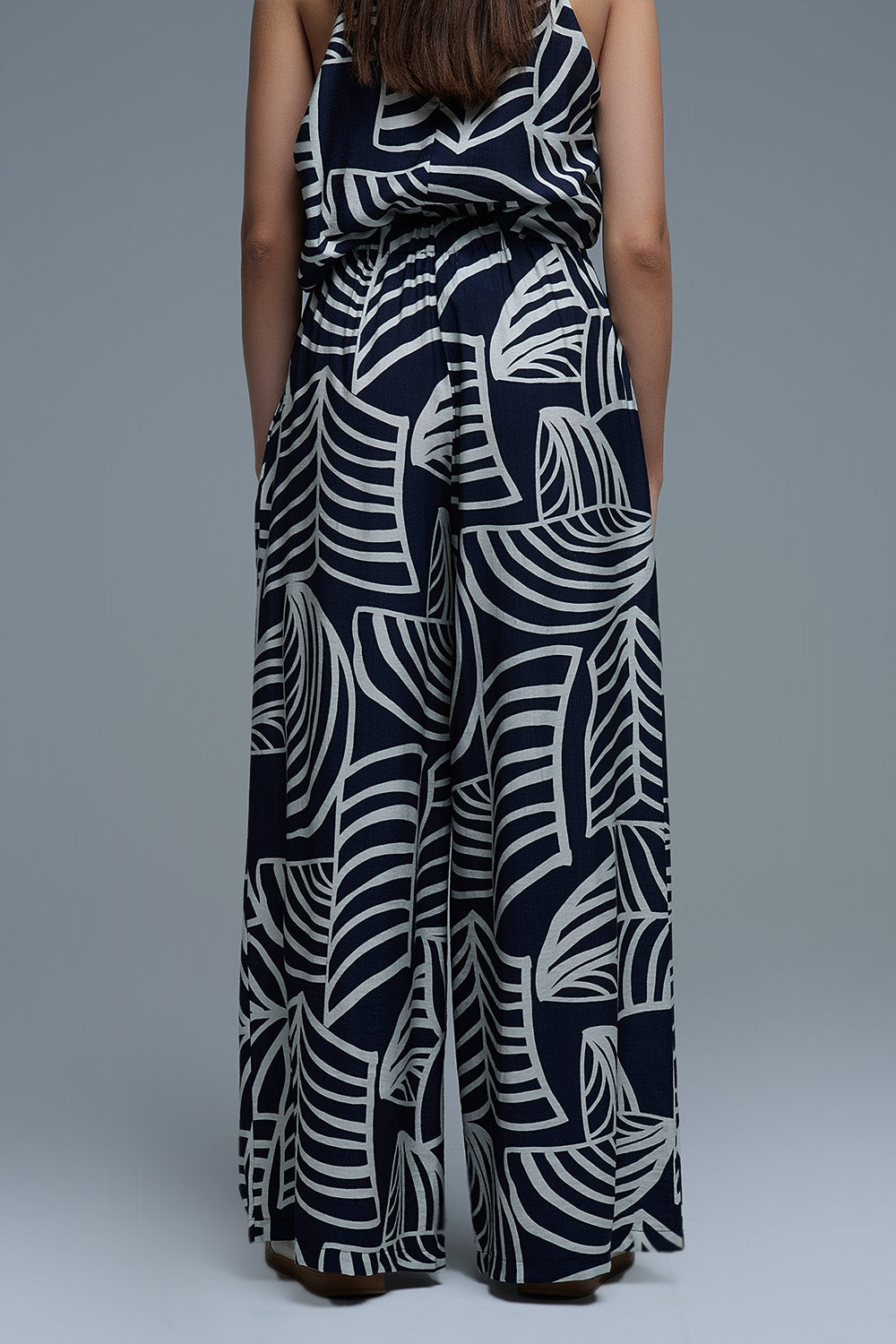 Navy and White Wide Leg Trousers with White Leaf Print