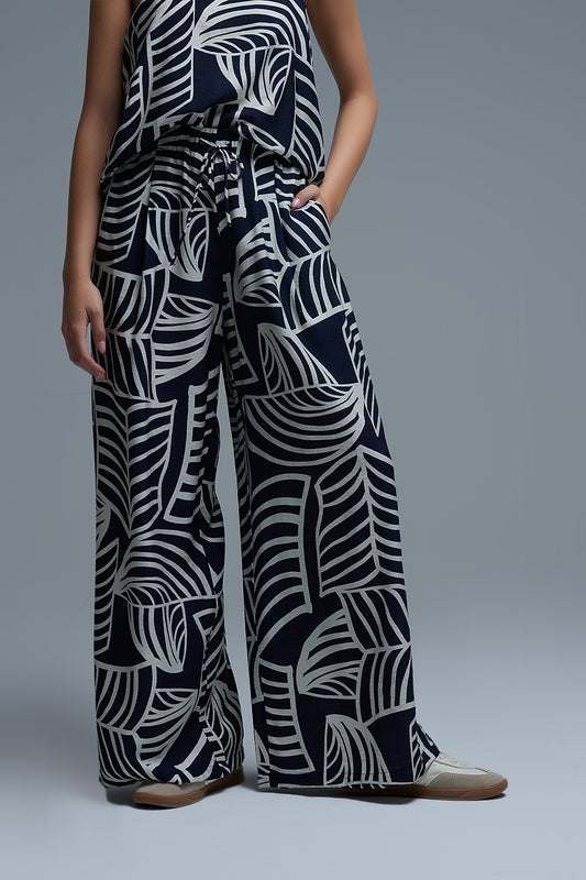 Q2 Navy and White Wide Leg Trousers with White Leaf Print