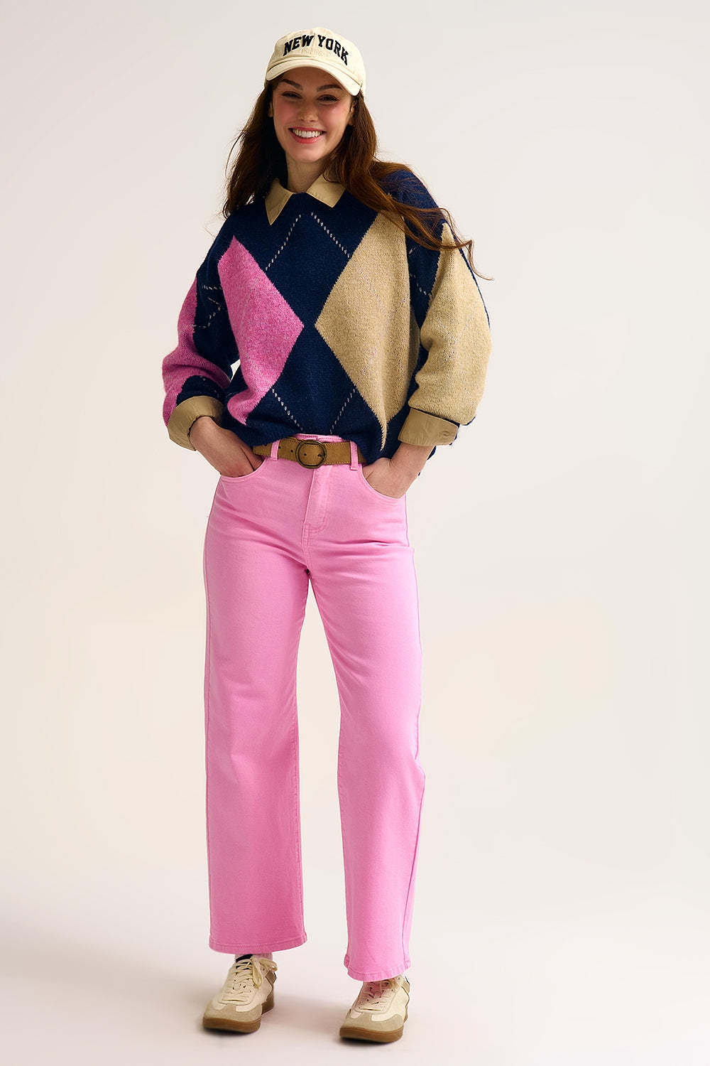 Navy Argyle Knit Sweater with Contrast Color Blocks pink and beige