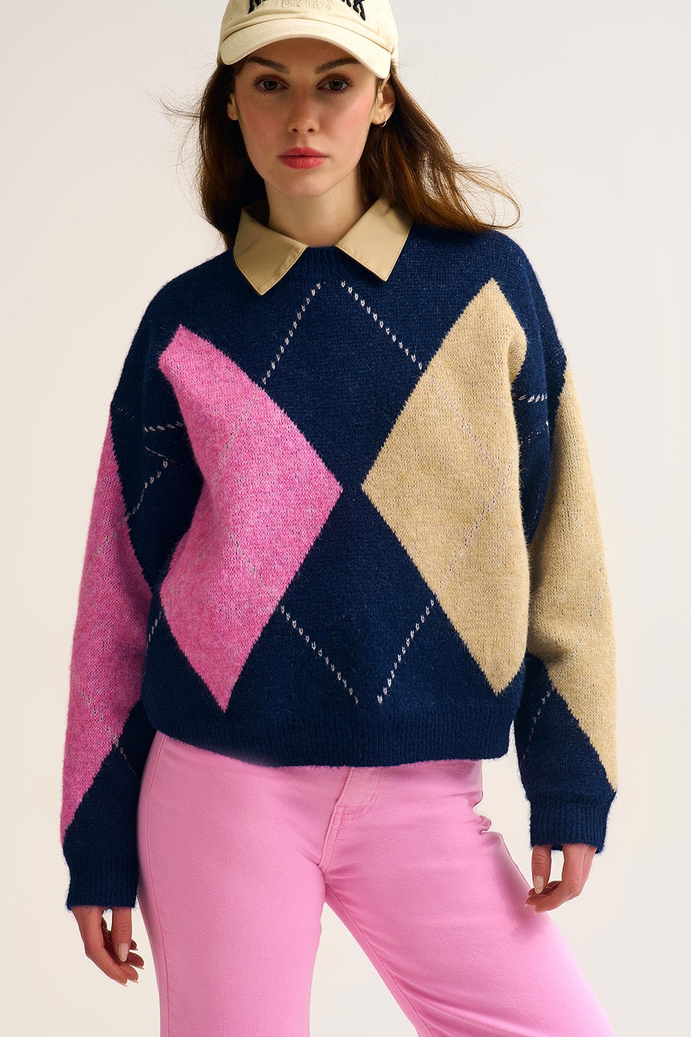 Navy Argyle Knit Sweater with Contrast Color Blocks pink and beige