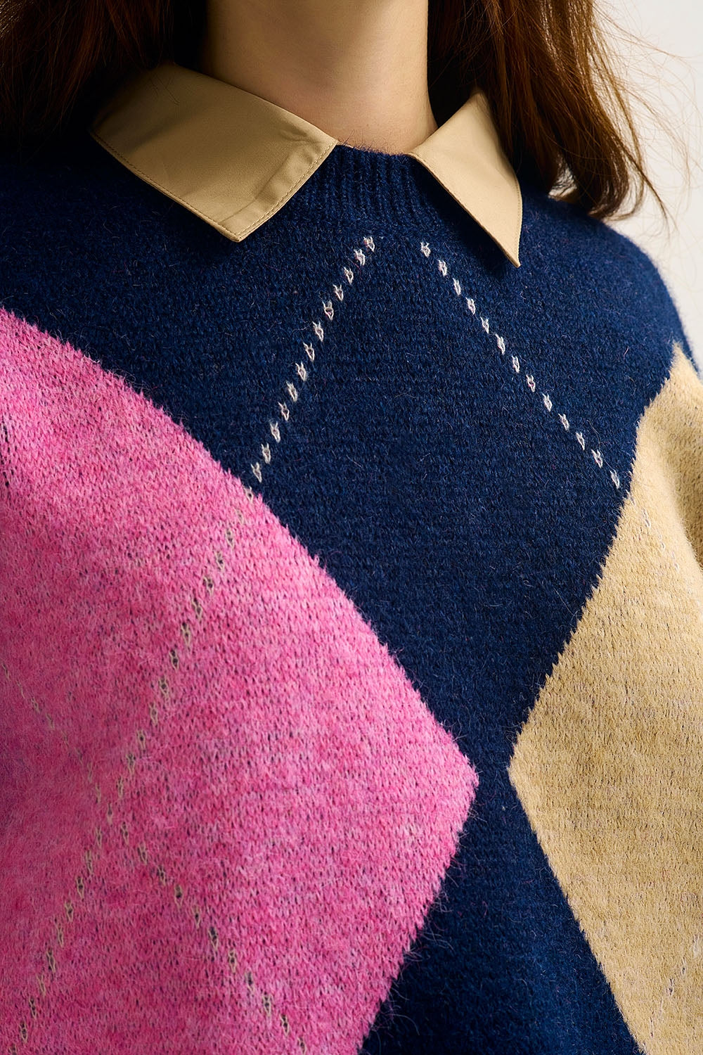 Navy Argyle Knit Sweater with Contrast Color Blocks pink and beige