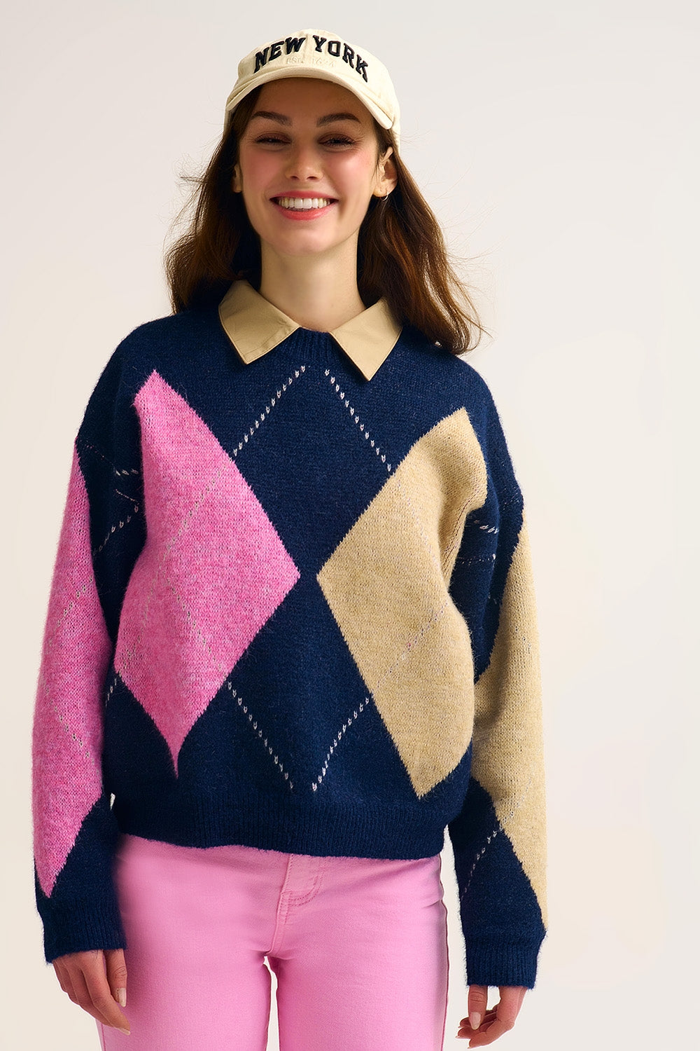 Q2 Navy Argyle Knit Sweater with Contrast Color Blocks pink and beige