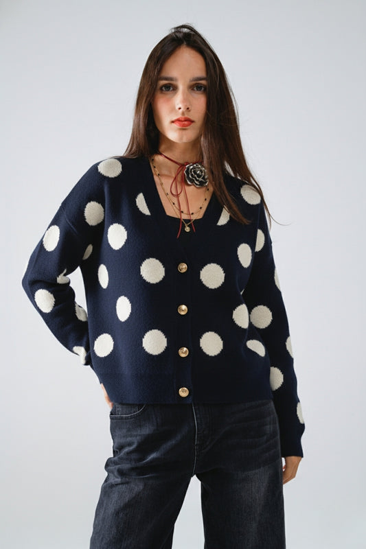 Q2 Navy blue jacket with large white polka dots