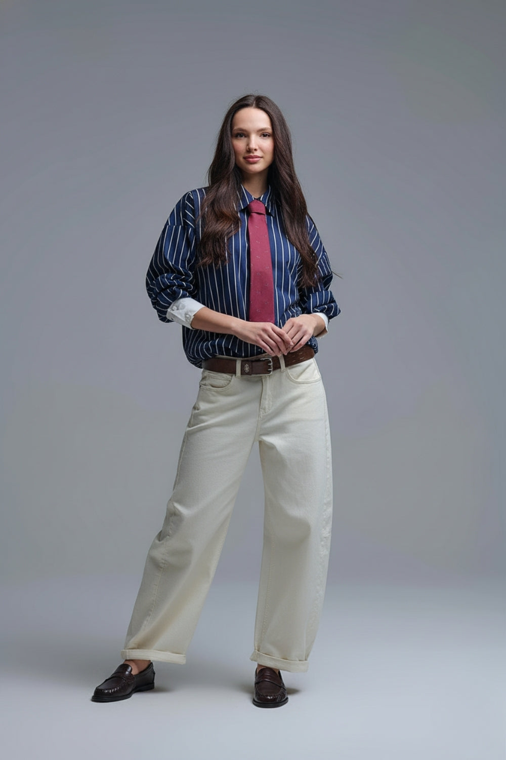 Navy Blue Striped High-Collar Shirt in soft poplin