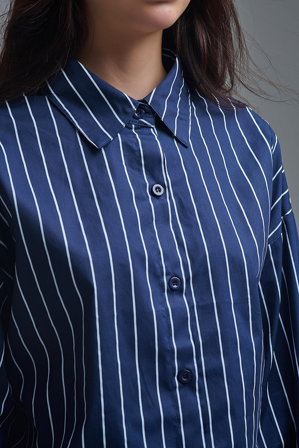 Navy Blue Striped High-Collar Shirt in soft poplin