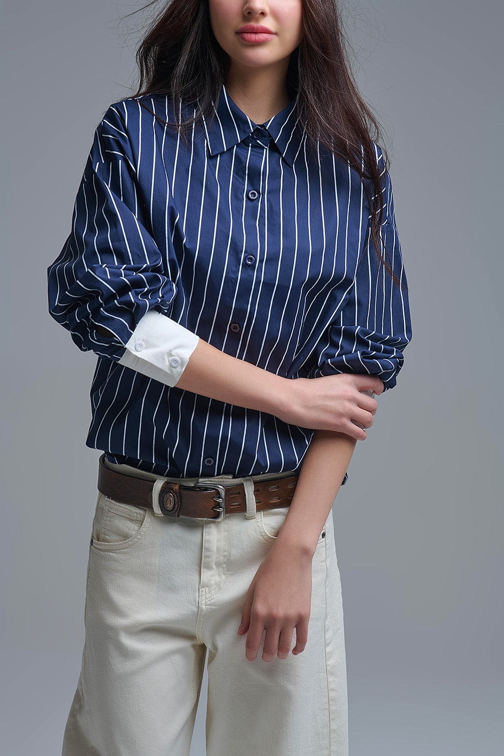 Navy Blue Striped High-Collar Shirt in soft poplin