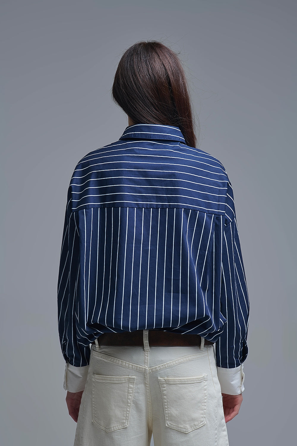 Navy Blue Striped High-Collar Shirt in soft poplin