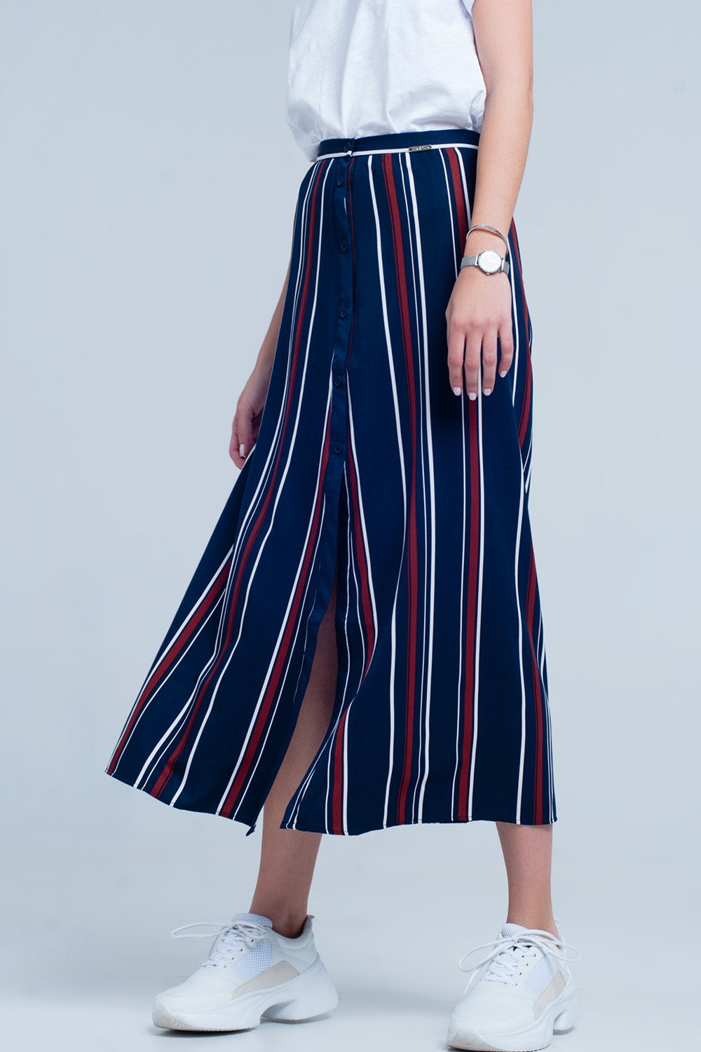 Saia midi às riscas azul marinho