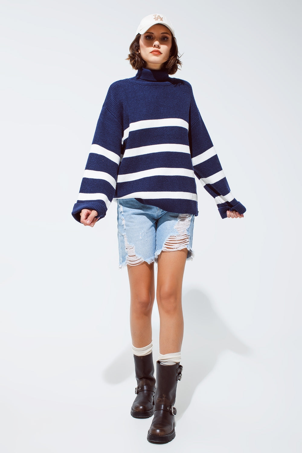 Navy blue turtle neck sweater in navy with stripes