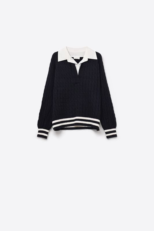 Q2 Navy Cable Knit V-neck Preppy Sweater