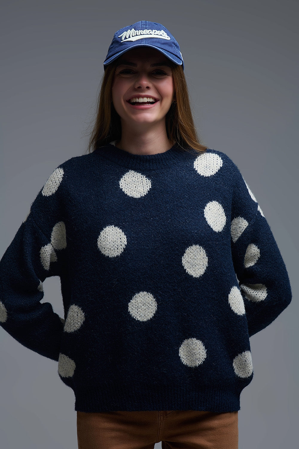Q2 Navy Crew Neck Sweater with cream Polka Dot