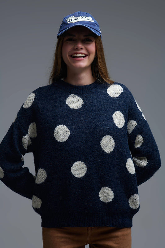 Q2 Navy Crew Neck Sweater with cream Polka Dot