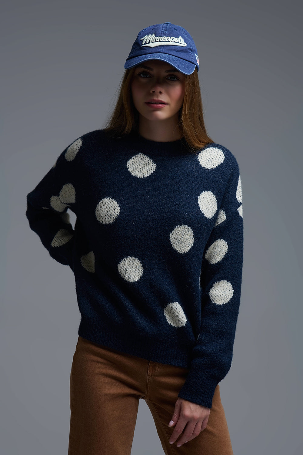 Navy Crew Neck Sweater with cream Polka Dot