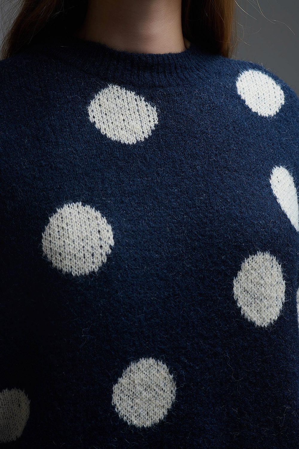 Navy Crew Neck Sweater with cream Polka Dot