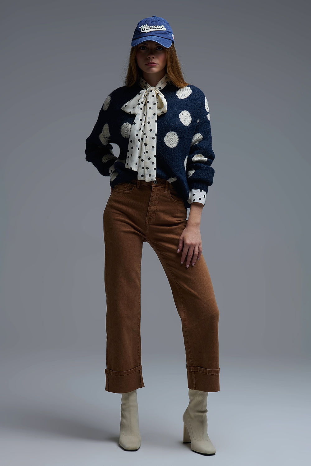 Navy Crew Neck Sweater with cream Polka Dot
