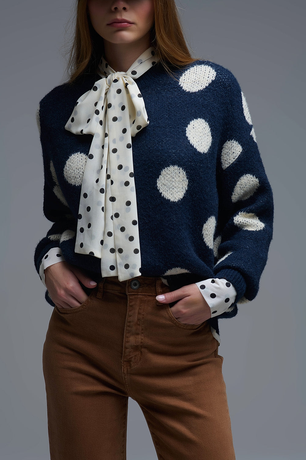 Navy Crew Neck Sweater with cream Polka Dot