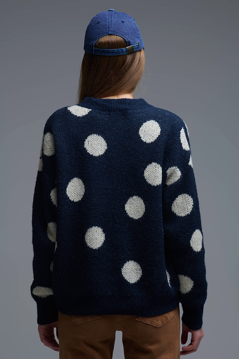 Navy Crew Neck Sweater with cream Polka Dot