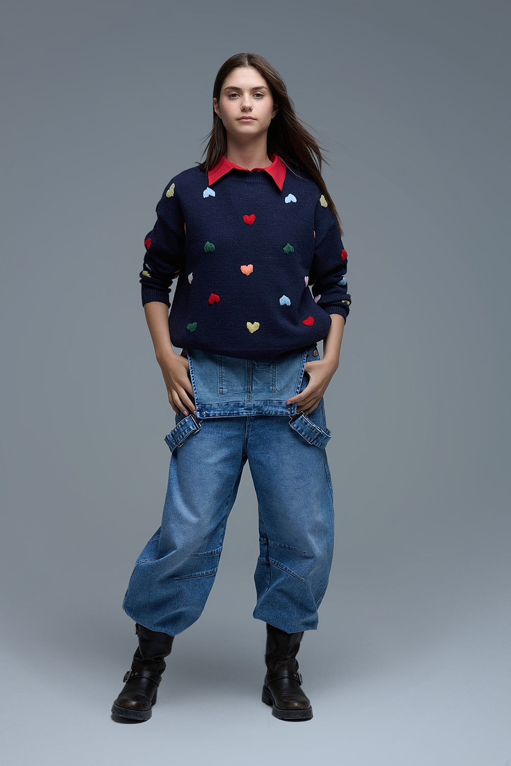 Navy Crew neck Sweater With Multicolor Embroidered Hearts