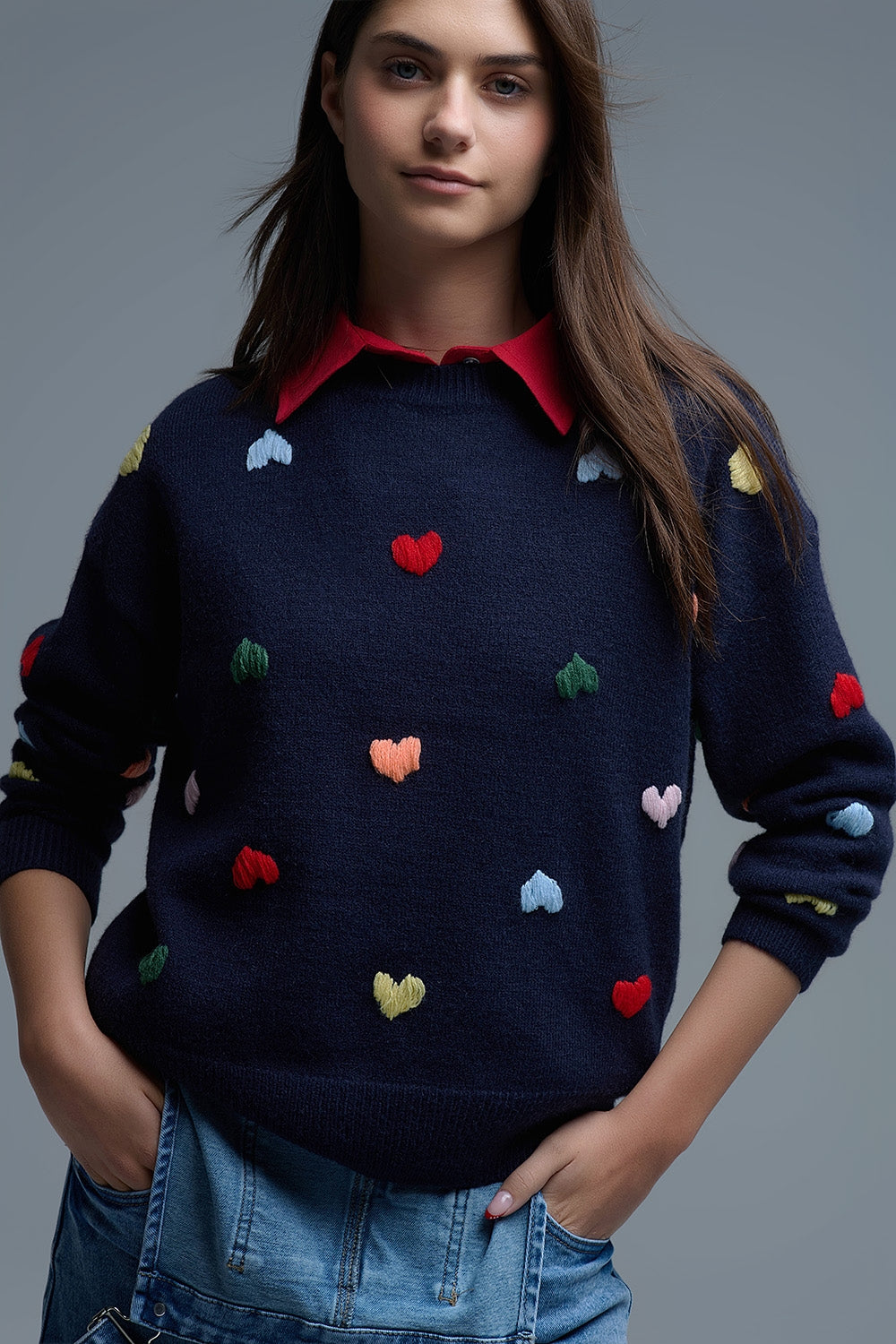 Navy Crew neck Sweater With Multicolor Embroidered Hearts