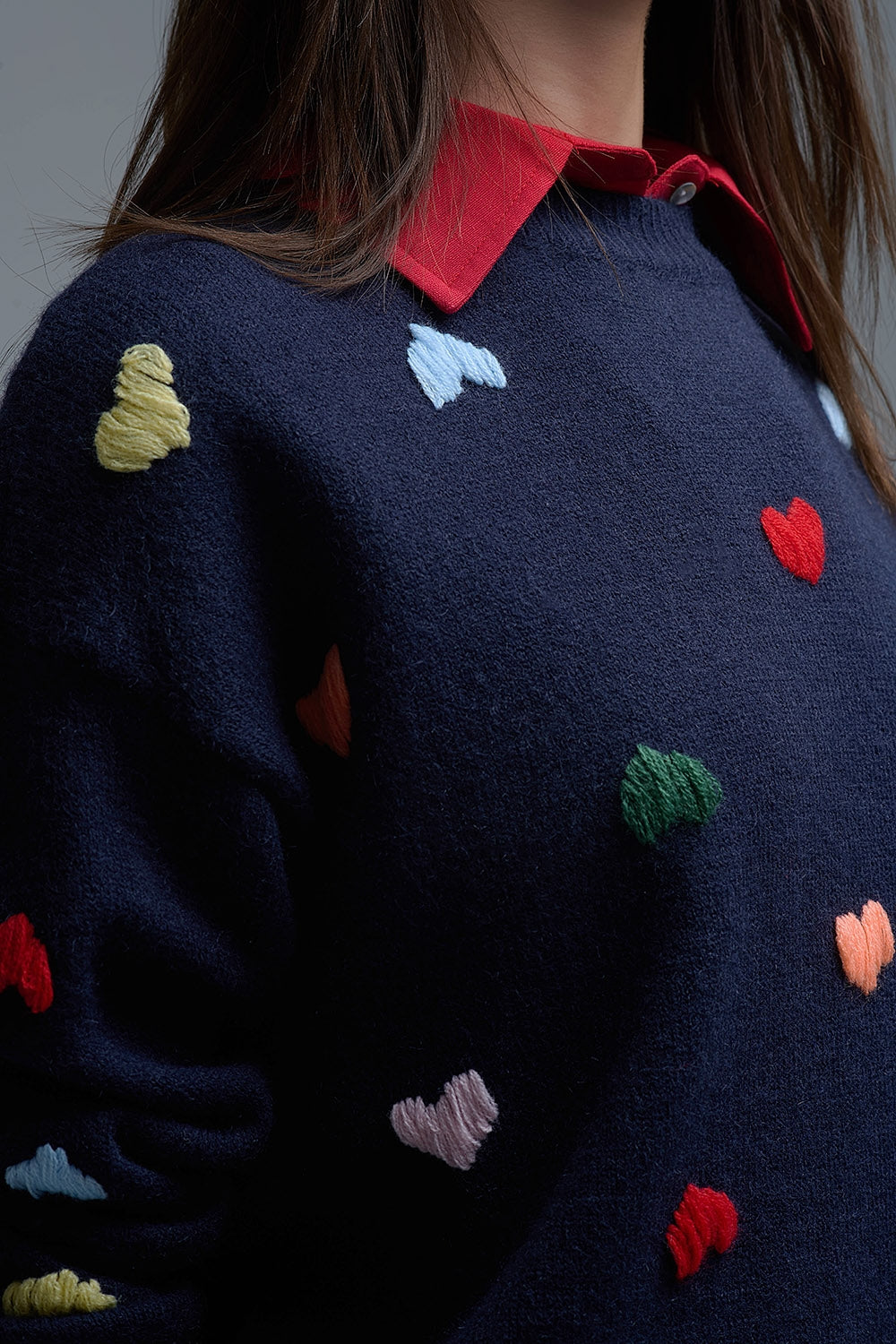 Navy Crew neck Sweater With Multicolor Embroidered Hearts
