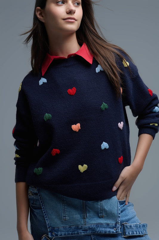 Q2 Navy Crew neck Sweater With Multicolor Embroidered Hearts