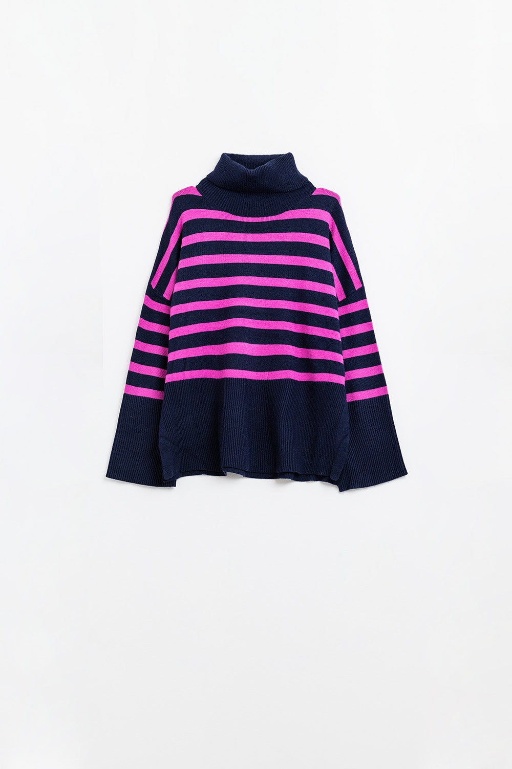 Q2 Navy oversized trutleneck sweater with fuchsia stripes and splits on the side